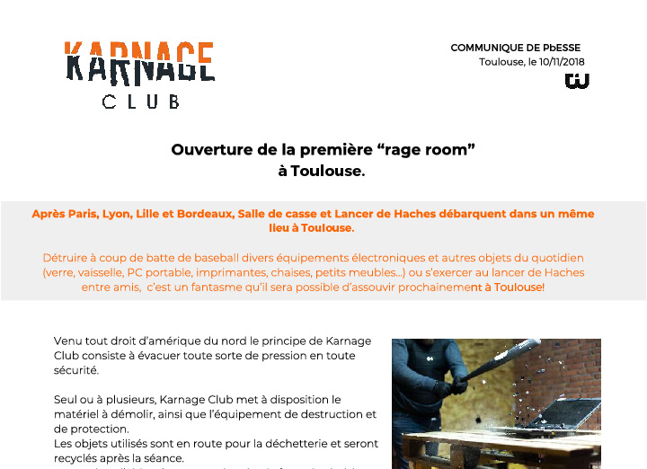 Aperçu du communiqué de presse rédigé pour l'ouverture du Karnage Club