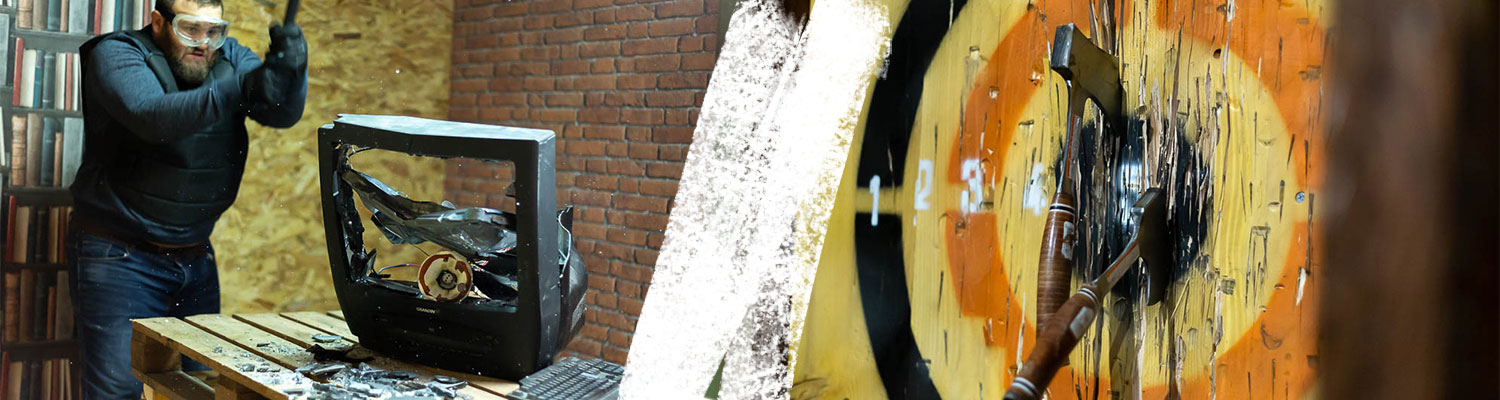 Image scindée en deux, avec à gauche un homme explosant une télévision à coups de batte de baseball dans une rage room du Karnage Club, et à gauche deux haches plantées dans une cible